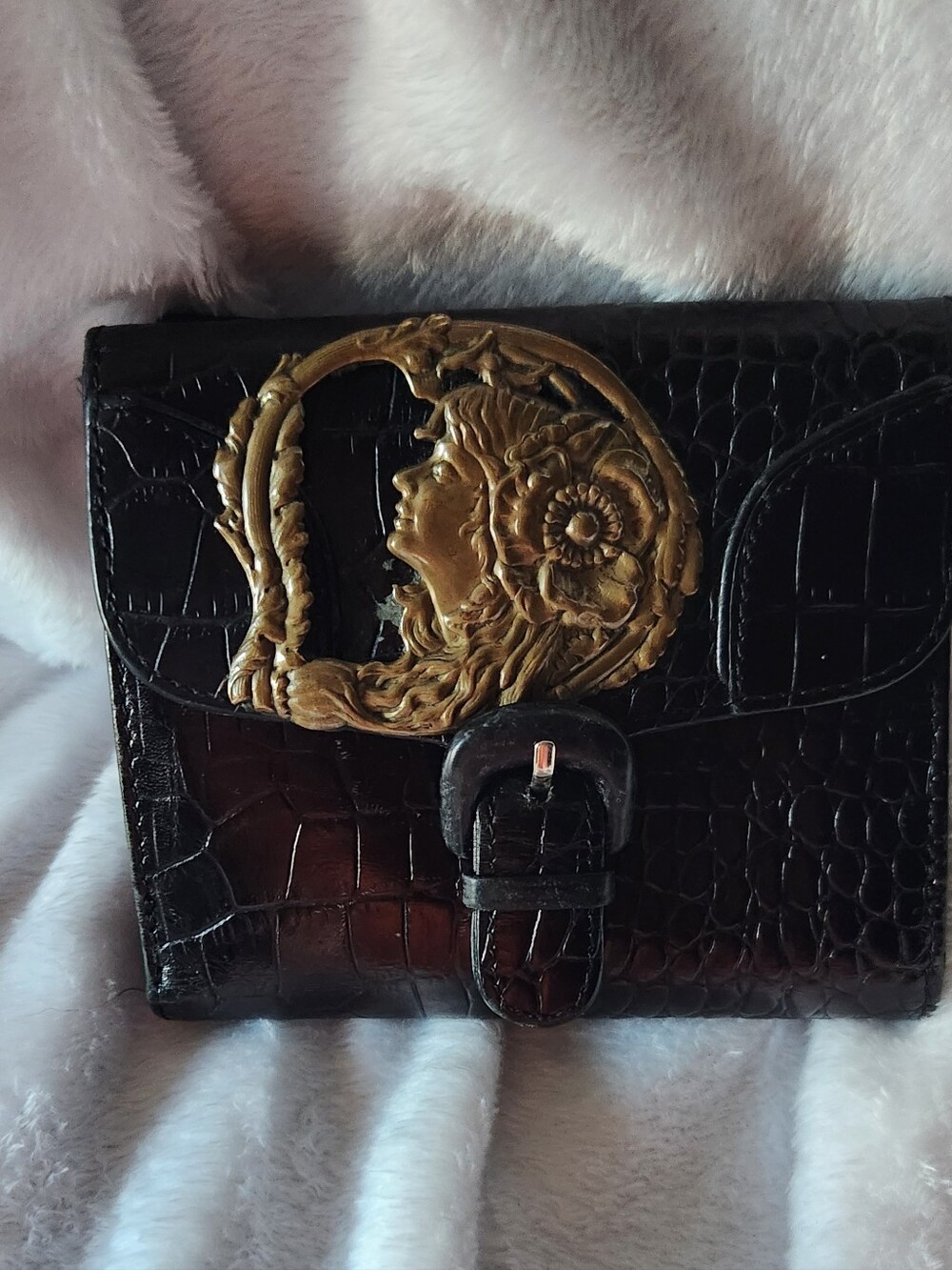 Antonio Melani Black Croc-Embossed Leather Wallet with Gold Medallion
